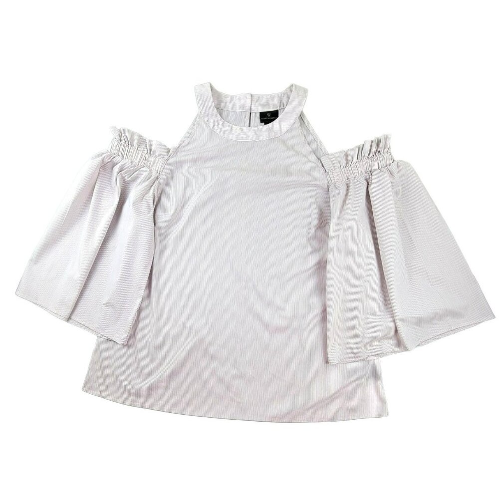 Worthington Womens Blouse Pink White Striped Bell Sleeves size Medium  JH1226